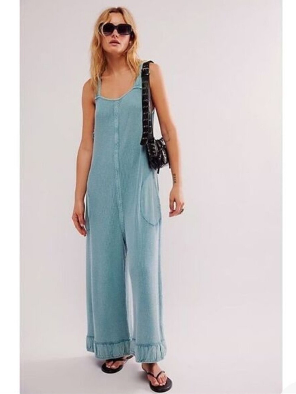 Free People Callie Jumpsuit Overalls Sz Xl Blue Waffle Wide Leg